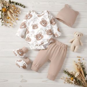 Babykleding set 4 delig - 0-3 maand - Maat 50/56 - Romper, broek, muts, en sokjes - Unisex newborn outfit in beer thema