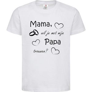 T-shirt Kinderen ""Mama, wil je met mijn papa trouwen?"" 2.0 | korte mouw | wit/zwart | maat 134/140