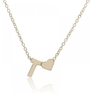 Initiaal Ketting met Letter T Goudkleurig - Met letter & Hartje! - Naam Ketting Cadeau - Geluksketting op Kaartje - Pax Amare