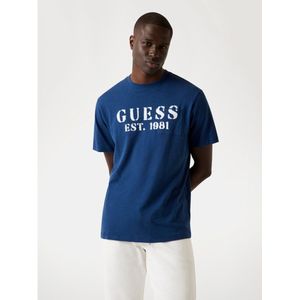 Guess T-shirt van linnenmix met blauw logo