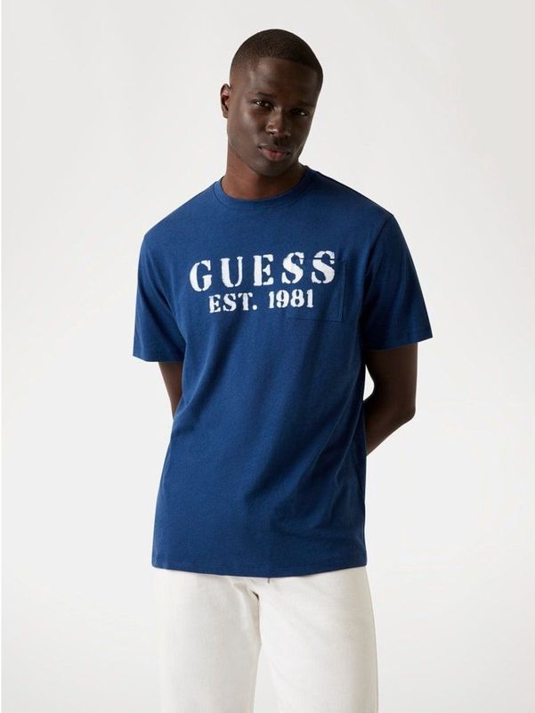 Guess T-shirt van linnenmix met blauw logo