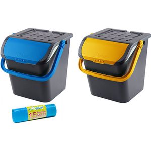 Malpie afvalbak geel en blauw 2 stuks met 1 rol Maxi blauwe afvalzakken - afvalemmer - afvalscheiden papier PMD of glas papier - Afvalscheidingsbak - afvalscheiding afvalbak - 2 stuks - Malpie- sorteer afvalbak - sorteer bak