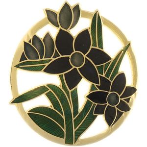 Behave Dames Broche rond met bloemen zwart groen - emaille sierspeld - sjaalspeld 4 cm