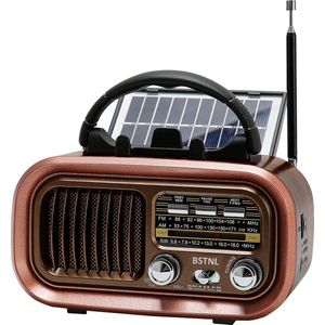 BSTNL Noodradio Retro - AM/FM - Radio Op Batterijen (Accu) Voor Rampen - Noodfluit - Bluetooth Speaker - Survivalradio - Noodradio Solar Opwindbaar - Powerbank Zonneenergie - USB - Noodpakket voor Thuis - Bruin