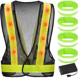 LED Running Vest - Reflective Vest met 4 Elastic Reflector Bands - Ademend Sportvest van Mesh Stof - Reflecterende Vest voor Fietsen en Joggen