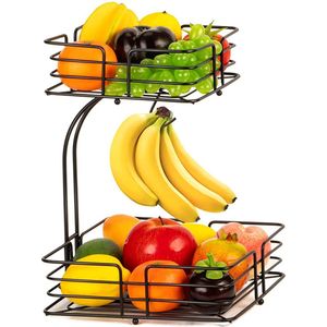 SensaHome - Fruitmand met Bananenhouder - Vierkant 2-Laags Zwart - Fruitschaal - Etagere - Metaal - Industrial - Modern