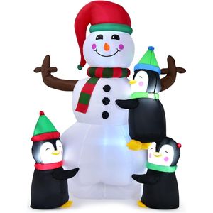Opblaasbare sneeuwpop met blazer, 180 cm, 3 pinguïns, kerstdecoratie, led, kerstfiguur voor de tuin, binnenplaats, woonkamer, balkon