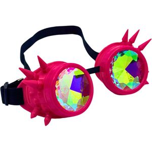 Roze Goggles met spikes - Steampunk bril roze met handig opbergzakje - pink festival bril - Goggles Steampunk Bril Met Spikes - Roze Space bril met caleidoscoop glazen - roze bril