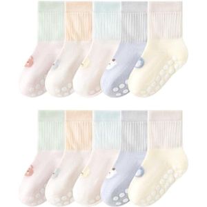 Antislipsokken voor baby's, 5 paar babysokken met siliconen onderkant, zorgen voor een stevige grip, ademende ABS-antislipsokken voor kinderen, babysokken van puur katoen