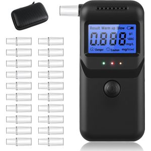 Promillage Meter Alcohol - LCD Scherm - Met Hoesje - Met 20 Mondstukken - Alcohol Tester - Groot Bereik - Werkt Snel - Blaastest - Zwart