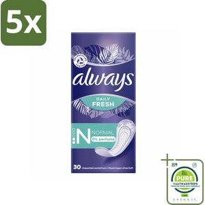 5 x Always Daily Fresh - Inlegkruisjes - Normaal - Ongeparfumeerd - 30 Inlegkruisjes - Grootverpakking - Inlegkruisjes - Always - Inlegkruisjes Normaal - Maandverband - Hygiëne