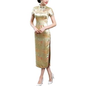 Thelau - Vintage Maxi Cheongsam met Korte Mouw en Hoge Split - Traditioneel Chinees Nieuwjaarsfeest Kostuum