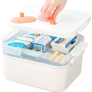 Grote 2-laags medicijndoos met mini EHBO-box en 3 vakken - Draagbare opbergdoos voor medicijnen (wit)