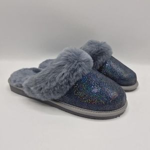 Echt wol en leer pantoffels - Wollen fluffy instap sloffen - glitter shine maat 37