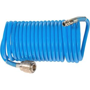 Perslucht spiraalslang 5 meter met snelkoppeling en knikbescherming - Blauw