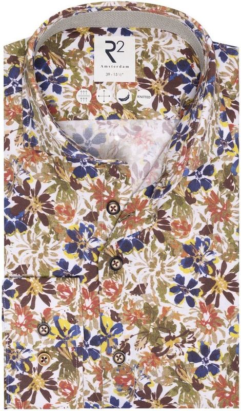 R2 Overhemd Knitted Bloemenprint Groen - Maat 38 - Heren - Overhemden Casual
