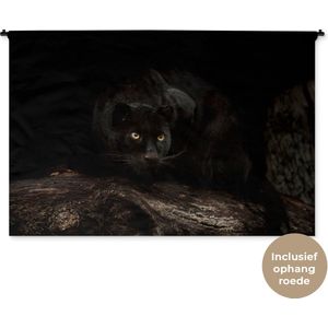 Wandkleed Dieren - Zwarte panter in een donker bos Wandkleed katoen 180x120 cm - Wandtapijt met foto XXL / Groot formaat!