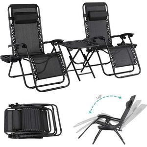 Gran Vida® - 3-Delige Ligstoelset - Zero Gravity Ligstoelen - Verstelbaar - Inclusief Tafel en Hoofdkussens - Beige/Zwart