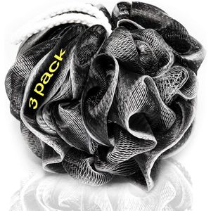 Douche Puff - Sponzenset voor Body Scrub - Massage Spons - Douchespons - Puff Spons - Bad Spons - Scrubbing Spons - Badsponzen - Washandjes - Douchestok - Scrubber - Zwart - 3 Stuks