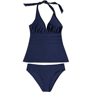 2 Delig - Halter Tankini Set - Tweedelig met Plunge V-hals - Elastische Buikbanden - Ideaal voor Zomerstranddagen - Marineblauwe - Maat S