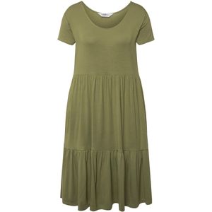 Janet & Joyce - Dames - Jersey jurk ronde hals halve mouwen volantzoom - Vijvergroen - Maat 48