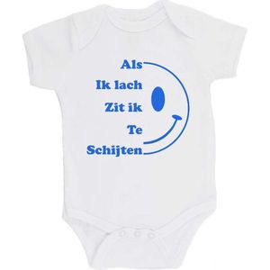 100% katoenen Romper bedrukt met grappige tekst Kado Cadeau Kraamkado Kraamcadeau ""Als ik Lach Zit ik Te Schijten"" Unisex Katoen Wit/blauw Maat 68/74