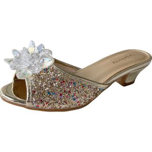 Meisjes slipper schoenen goud glitter met hakje maat 31 - binnenmaat 20,5 cm - bij jurk verkleedkleren kinderen - Carnaval - Sinterklaas -