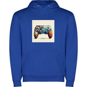 Kobalt Blauwe unisex hoodie met “ Kleurrijke Game Controller“ Print Full merk Roly maat XL