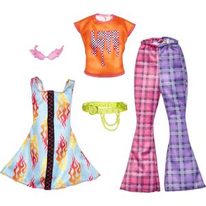 Barbie Outfit - Oranje Shirt, Roze/Paarse Broek, Blauwe Jurk, Zonnebril en Riem - Barbiepop kleding