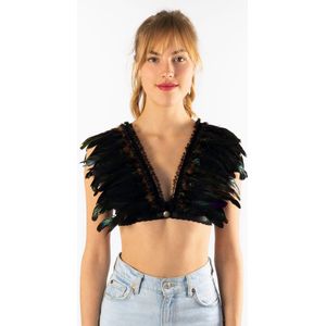 KIMU Top met Veren Zwart Kant - Maat XS S M - Verentop Steampunk Topje Veertjes - Hippie Bohemian Indianenjurkje Ibiza Vogel Body Volwassenen Carnaval Festival