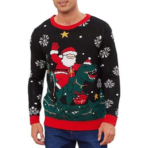 Kersttrui heren grappig met gebreide dino en kerstman motief, oversized kersttrui jongens tieners winter lange mouwen - ideaal als Ugly Christmas Sweater Xmas sweatshirt.