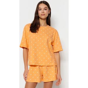 Trendyol Standaard mouw Ronde hals Oranje 100% katoenen T-shirt-short en gebreide pyjama met hartmotief THMSS21PT1485