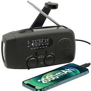 Noodradio met handzwengel en LED-zaklamp – AM/FM weerwaarschuwing radio – 2000 mAh powerbank – Zonne-energie & USB-oplaadbaar – Compacte draagbare noodradio voor kamperen, noodsituaties & stroomuitval – Multifunctionele weer radio – Zwart