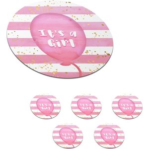 Onderzetters voor glazen - Rond - Gender reveal - Ballon - Goud - Meisje - Geboorte - It's a girl - Spreuken - 10x10 cm - Glasonderzetters - 6 stuks