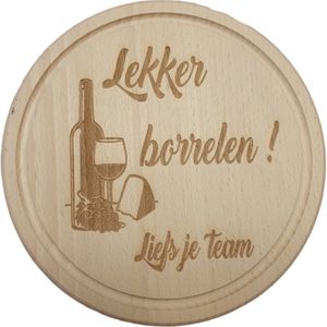 Ronde houten Tapas -snijplank -Serverplank - Lekker borrelen -Afscheid - collega - verjaardag - Team -Werkvloer doorsnee 21cm