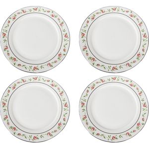 HAES DECO - Ontbijtborden set van 4 - Formaat Ø 21x2 cm - kleuren Wit - Bedrukt Porselein - Collectie: Cute Rose - Servies, kleine borden