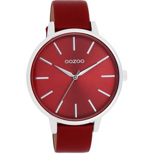 OOZOO Timepieces - Zilverkleurige OOZOO horloge met dahlia rood leren band - C11299