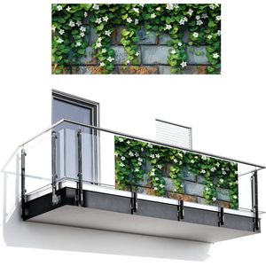 Balkonscherm 300x120 cm - Balkonposter Klimop - Groen - Stenen - Wit - Grijs - Balkon scherm decoratie - Balkonschermen - Balkondoek zonnescherm