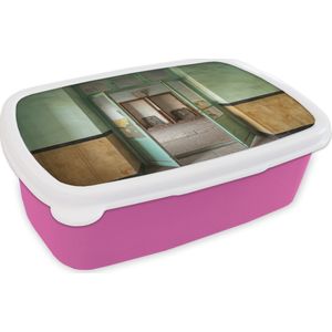 Broodtrommel Roze - Lunchbox - Brooddoos - Deur - Groen - Architectuur - Glas - 18x12x6 cm - Kinderen - Meisje