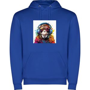 Kobalt Blauwe unisex hoodie met “ Kleurrijke Aap met koptelefoon“ Print Full merk Roly maat XL