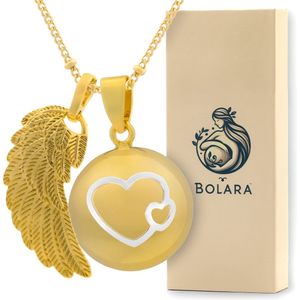 Bolara Zwangerschapsketting met Babybel - Goudkleurig met Zilverkleurige Hartjes & Vleugel - 110cm + 5cm verstelbaar - Babyshower cadeau voor aanstaande moeders