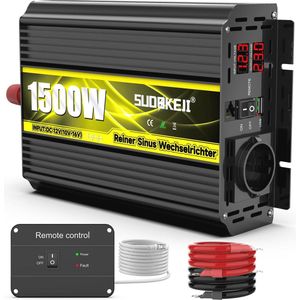 Zuivere sinus omvormer 1500 W/3000 W - Spanningsomvormer 12 V naar 230 V met LED-display, EU-stopcontacten en USB-poorten