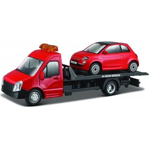 Fiat 500 2007 + Flatbed Transporter 1:43 rood