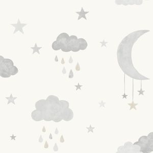 Dutch Wallcoverings - Little Kids- Moon & Stars grijs/wit - vliesbehang - 10m x 53cm - JS2211