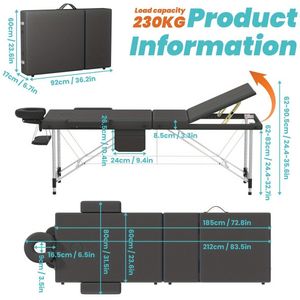 Aluminium Massage Tafel – Massagetafel – Behandelingstafel – Vouwbare Tafel – Therapietafel – 8-Verstelbare Hoogtes – Inclusief Hoofdsteun Zwart