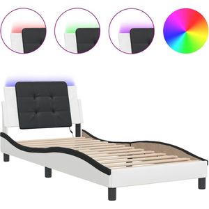 vidaXL - Bedframe - met - LED-verlichting - kunstleer - wit - en - zwart - 90x190 - cm