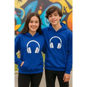 Kinder Hoodie “Headphone” – Blauwe Hoodie met Witte Print – Muziekdesign voor Kids 12-13 Jaar – Unisex & Comfortabel