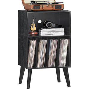 Draaitafel standaard, platenspeler standaard biedt plaats aan maximaal 160 albums, Mid-Century vinyl opberghouder, tafel met houten poten, platenspeler kastrek, zwart, bijzettafel