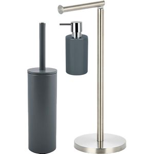 Spirella Badkamer accessoires set - WC-borstel/zeeppompje/rollenhouder - metaal/porselein - donkergrijs - Luxe uitstraling
