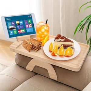 Bamboe Sofa Arm Lade Tafel met 360 ° Draaibare Mobiele Houder Opvouwbare Bank Armsteun Lade Draagbare Bank Arm Clip Tafel voor Afstandsbediening Dranken Snacks Telefoon